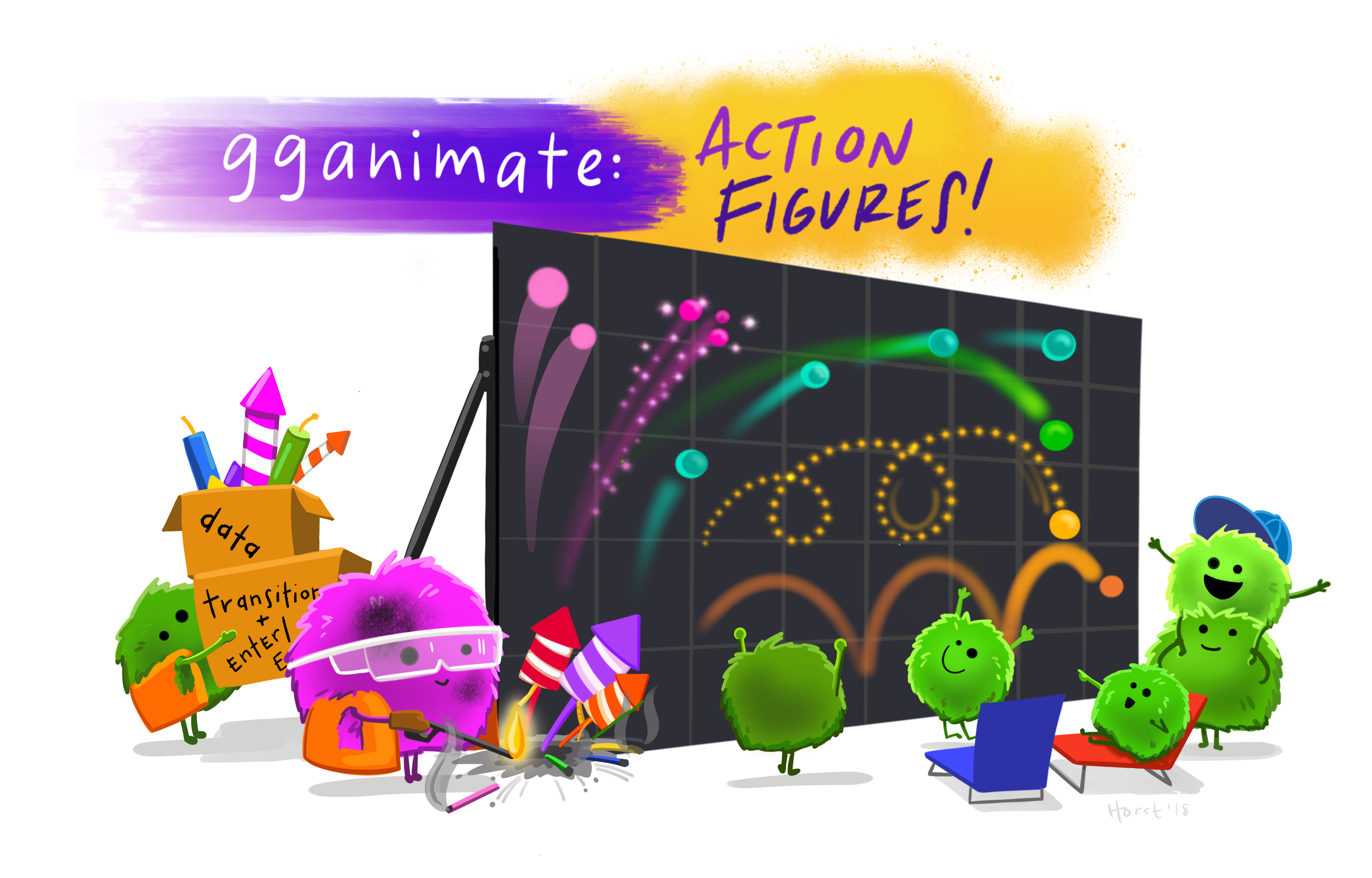 an illustration including fireworks showing an application og gganimate to make action plots, also including cute monsters