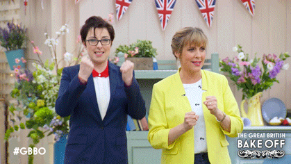 mel and sue from GBBO are super excited about jaffa cakes