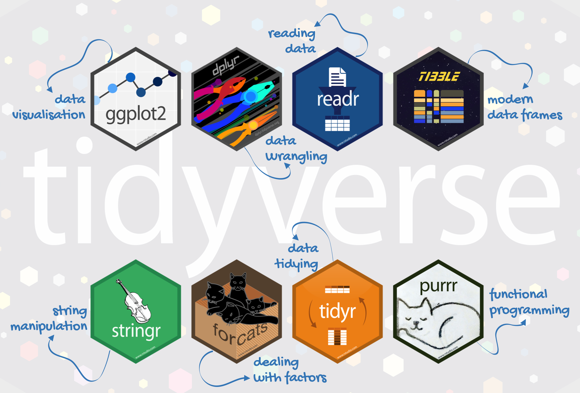 an illustration of eight hexagons with the names of the tidyverse core packages inside, dplyr, readr, purrr, tidyverse, ggplot2, tidyr, and tibble