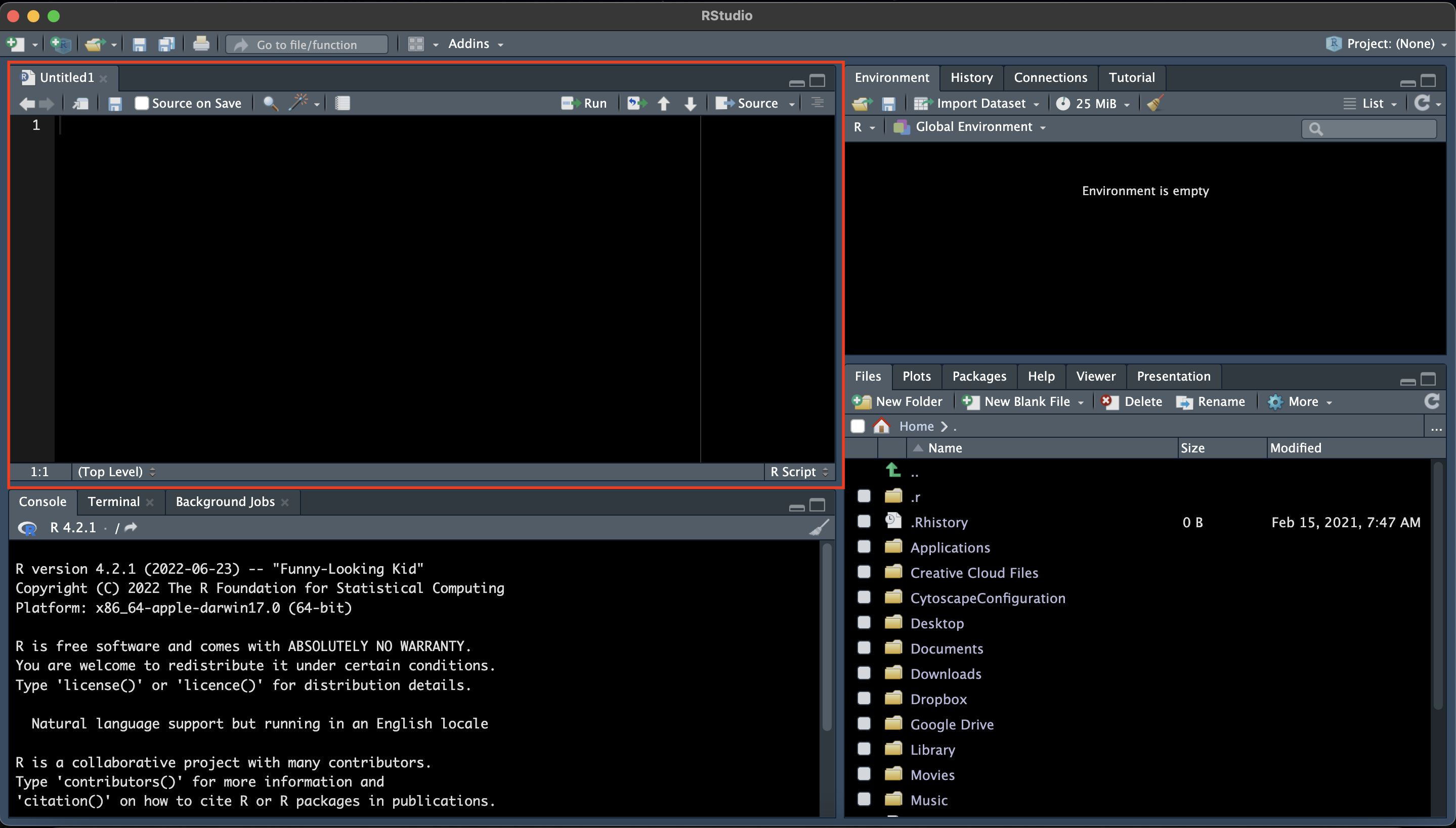 A screenshot of the RStudio IDE, with a script in the top left corner (and highlighted in a red box), the environment in the top right, the console in the bottom left, and the files panel in the bottom right.